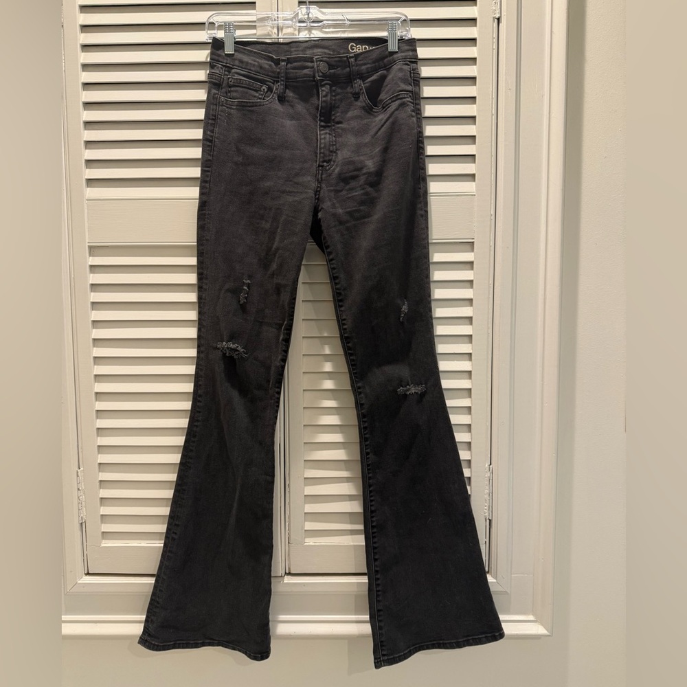 GAP black distressed stretchy mid-rise flare jeans, Size 8